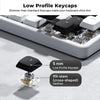 Close-up view of low profile keycaps and MX-stem switches for a keyboard, highlighting the slim design.