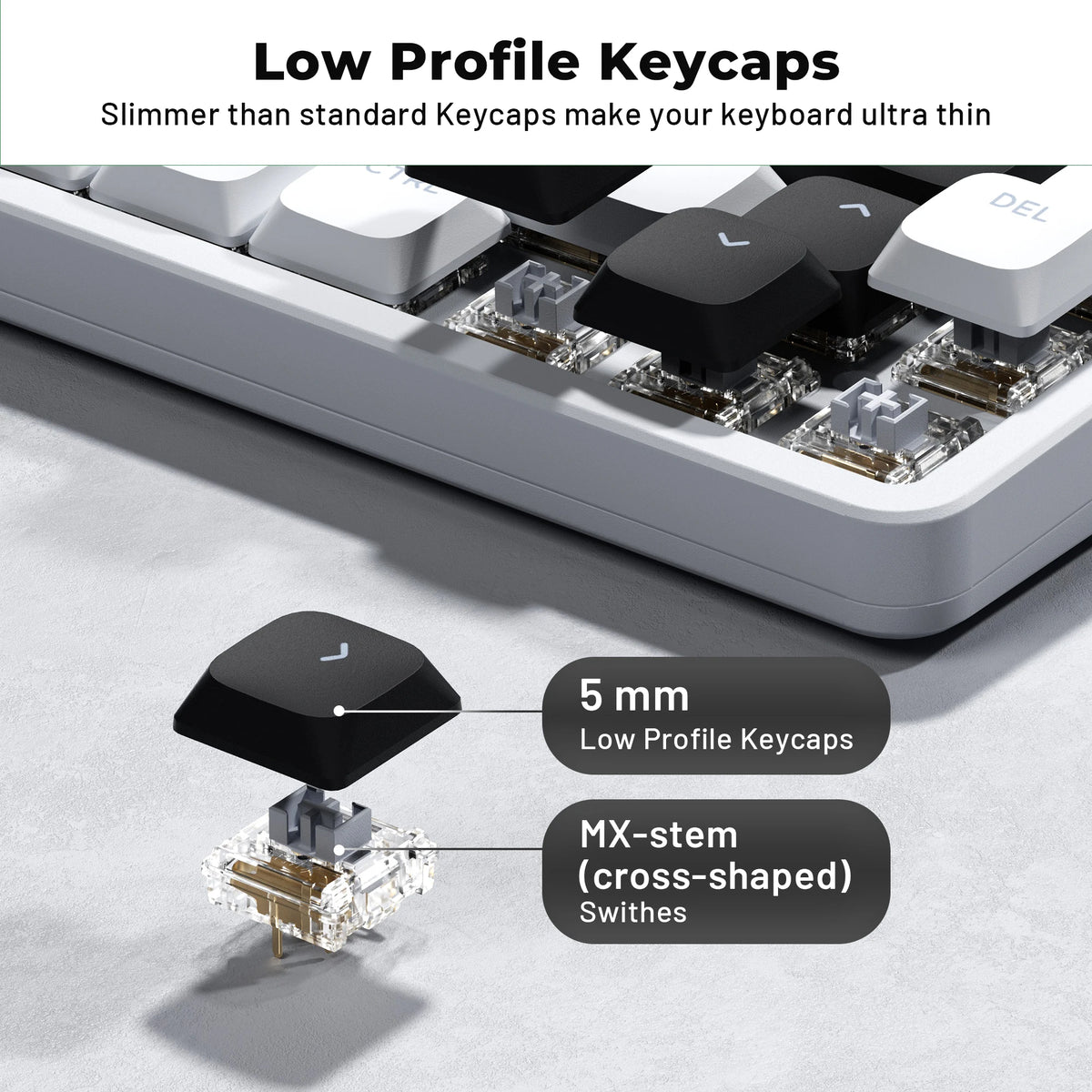 Close-up view of low profile keycaps and MX-stem switches for a keyboard, highlighting the slim design.
