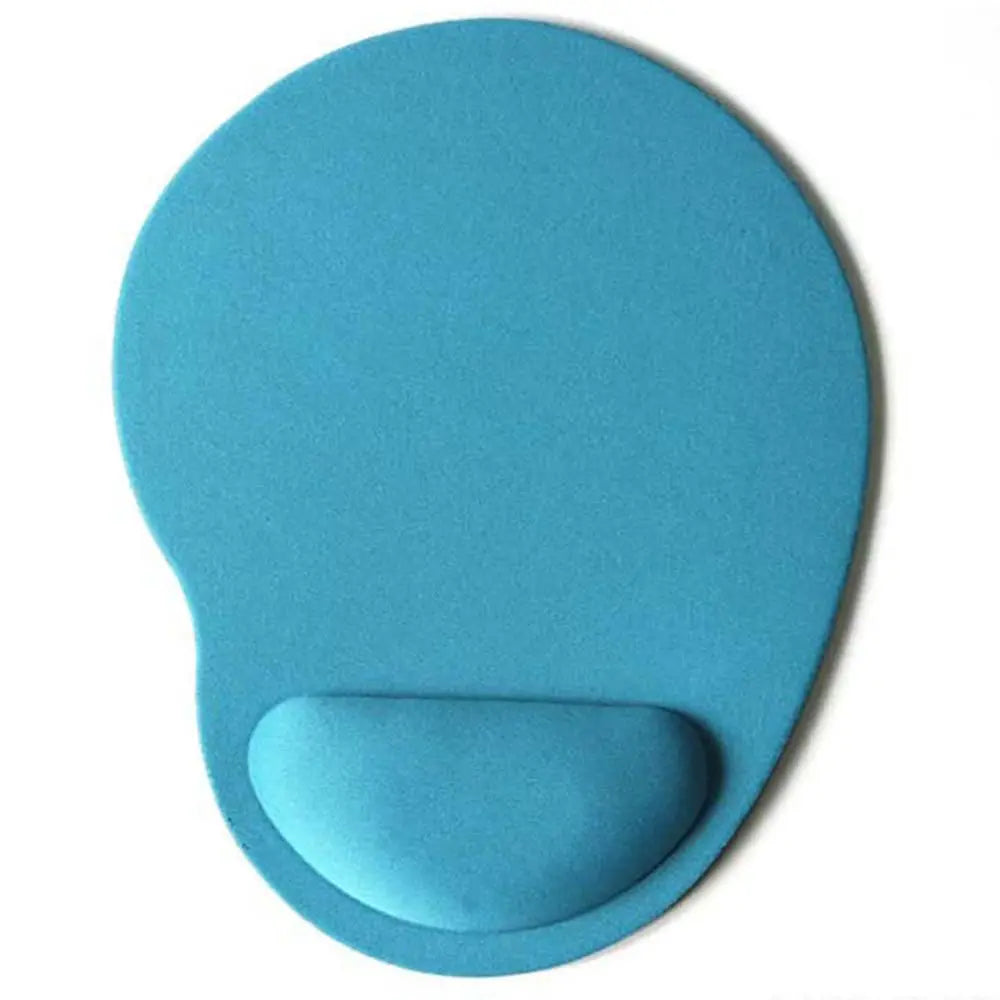 A teal ergonomic mouse pad featuring a contoured shape for comfortable wrist support.