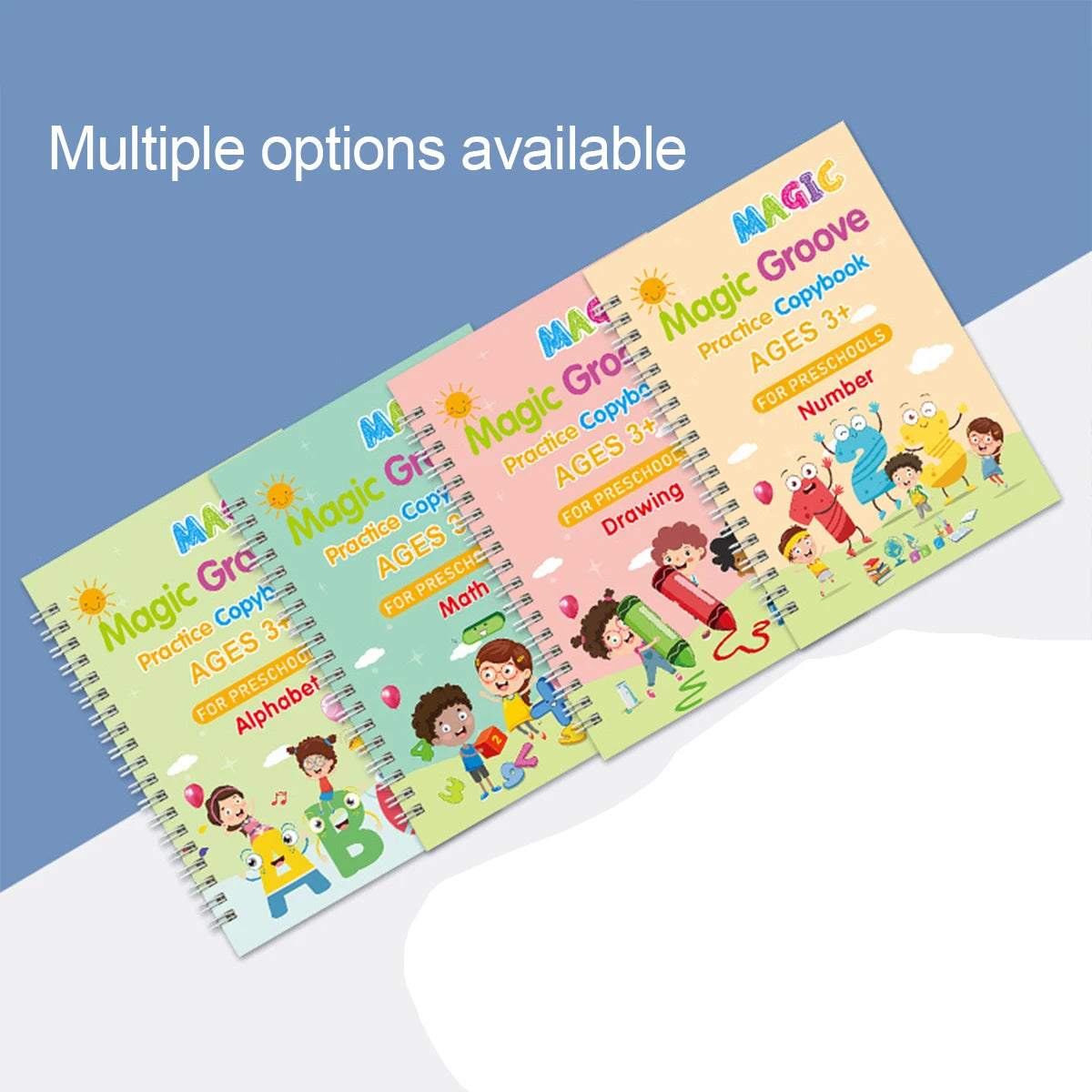 A set of four colorful Magic Groove practice notebooks for kids with various activities like tracing and drawing.