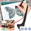 A hand uses a black art cutting tool to cut intricate designs into paper, demonstrating the 360° rotating feature.
