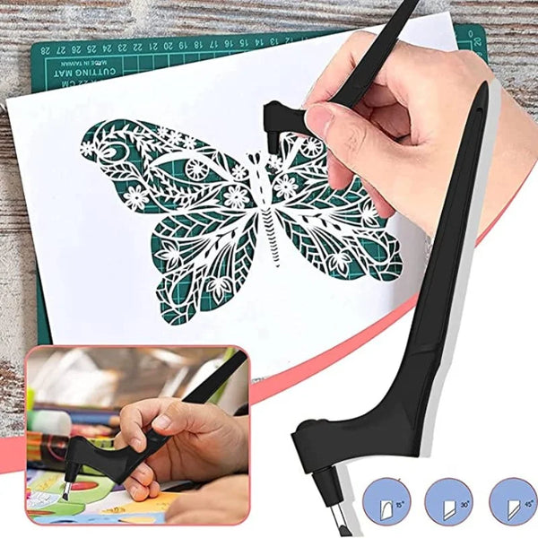 A hand uses a black art cutting tool to cut intricate designs into paper, demonstrating the 360° rotating feature.