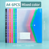 A4 expanding file with six colored pockets and a clear cover, showing dimensions.