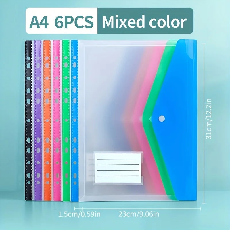 A4 expanding file with six colored pockets and a clear cover, showing dimensions.