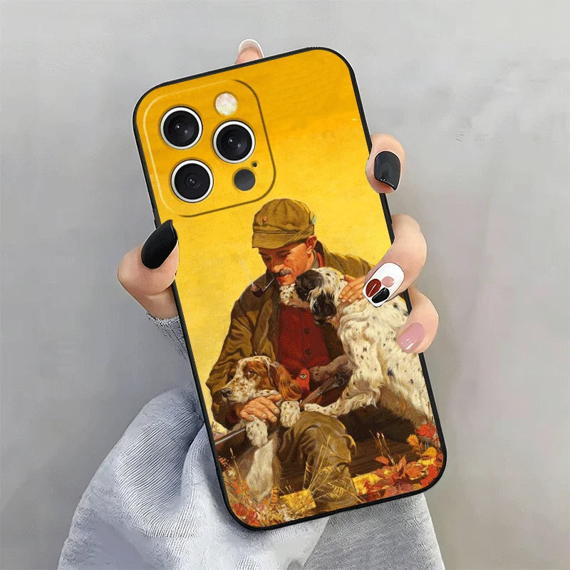 A yellow phone case featuring a painting of a man with a dog in a hunting scene.