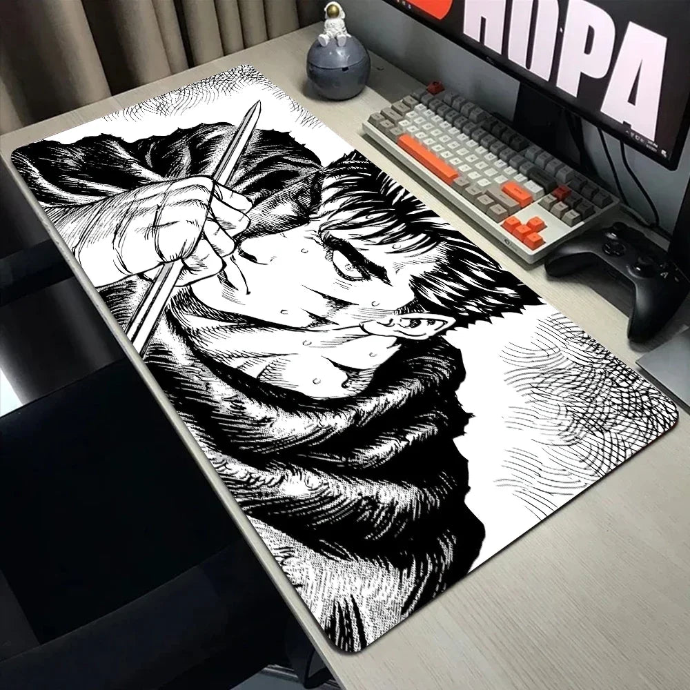 A large black and white drawing of a fierce character is displayed on a gaming mouse pad next to a keyboard and mouse.