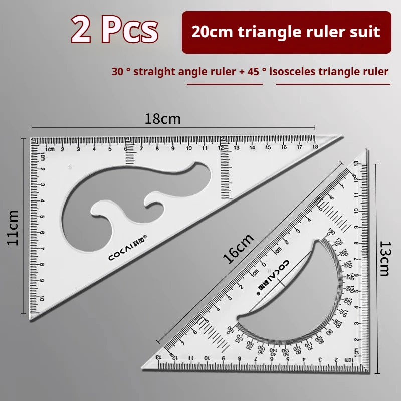 Two pieces of a 20cm triangle ruler suit including a 30 degree straight angle ruler and a 45 degree isosceles triangle ruler