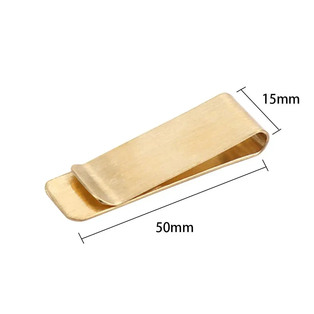 A vintage solid brass money clip with a card holder, shown in a side view.