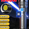 A silver tactical LED flashlight with a bright yellow light, digital display, power bank, and telescopic zoom feature.