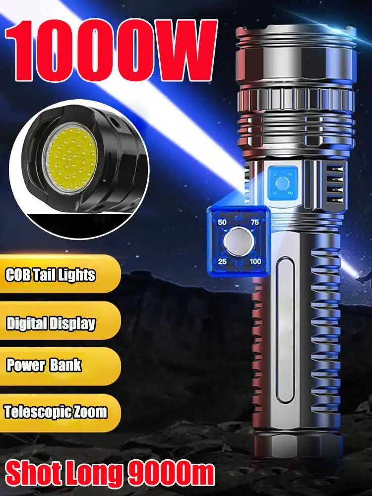 A silver tactical LED flashlight with a bright yellow light, digital display, power bank, and telescopic zoom feature.