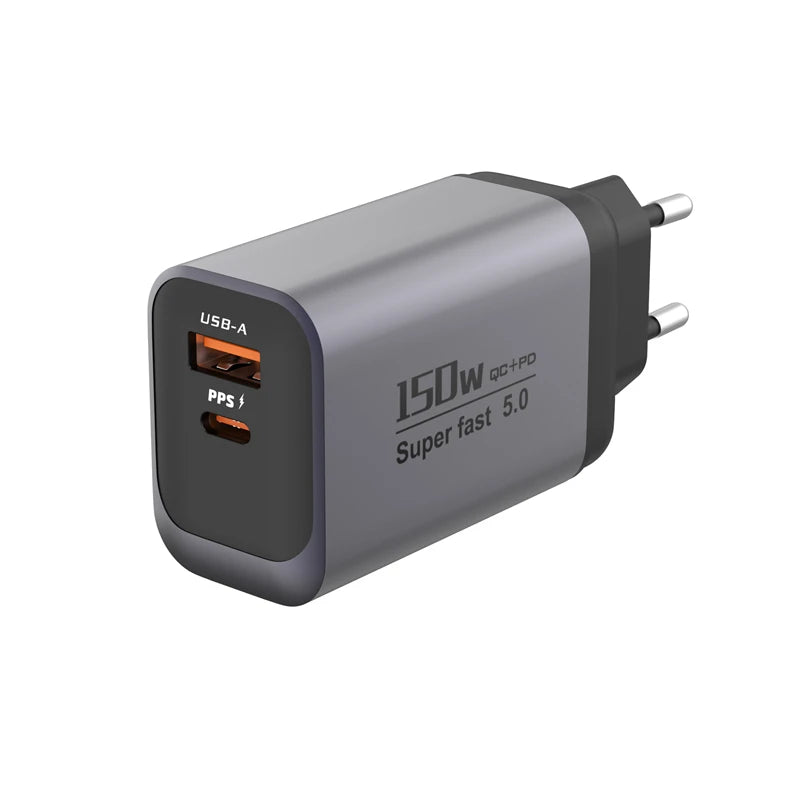 A gray wall charger with a USB-A port and a DC output, rated for 150W Super fast 5.0 charging.