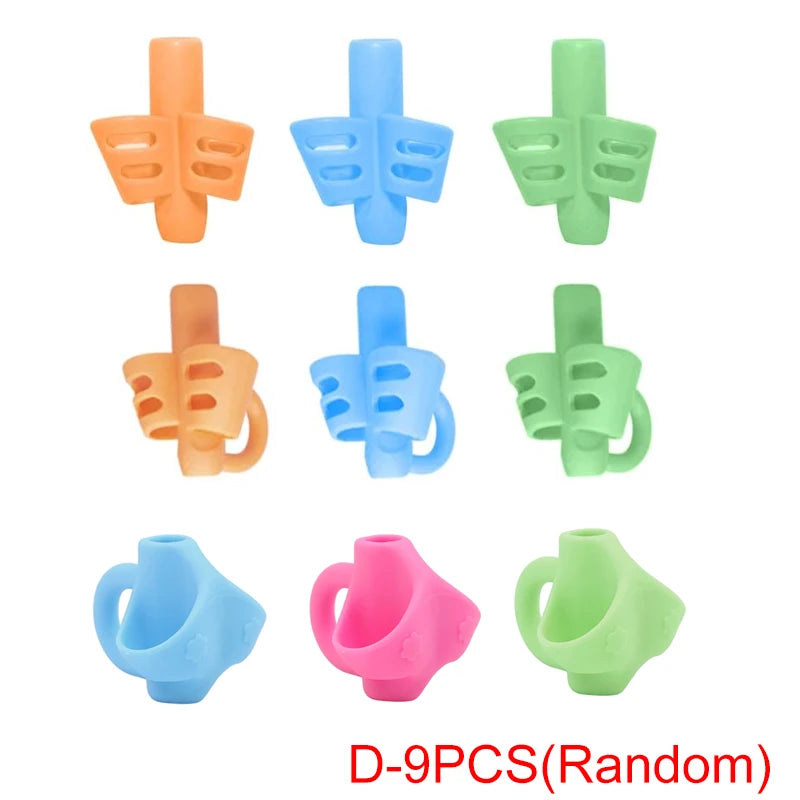 Nine silicone pencil grips in various colors including orange, blue, and green.