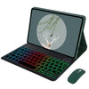 A dark green keyboard case with a rainbow backlit keyboard and a tablet displaying a nature scene.