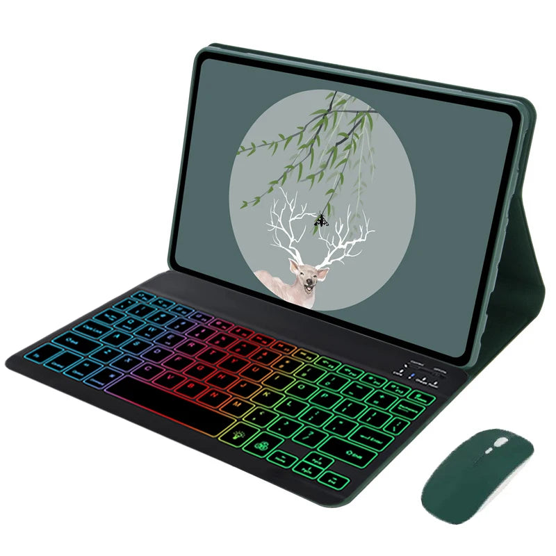 A dark green keyboard case with a rainbow backlit keyboard and a tablet displaying a nature scene.