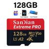 Sandian Extreme PRO 128GB Micro SD card with a card adapter and reader.