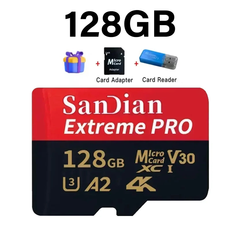 Sandian Extreme PRO 128GB Micro SD card with a card adapter and reader.