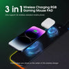 A black wireless charging mousepad with RGB lighting is shown, designed to charge a mobile phone.