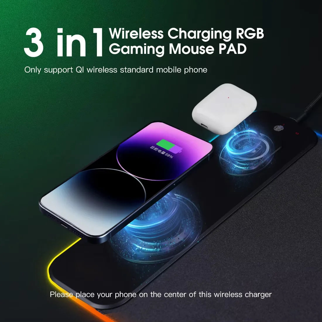 A black wireless charging mousepad with RGB lighting is shown, designed to charge a mobile phone.