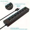 Schwarzer 7-Port-USB 2.0-Hub mit Ein-/Ausschalt-Schaltern und blauem LED-Indikator, DC5V-Stromanschluss.