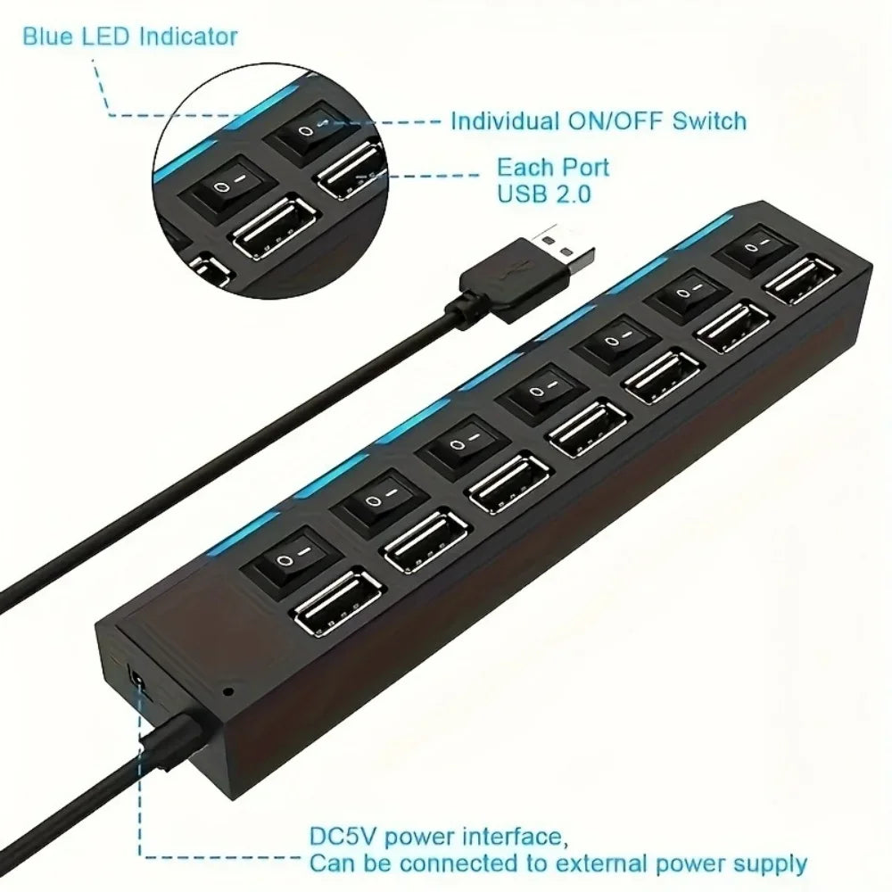Schwarzer 7-Port-USB 2.0-Hub mit Ein-/Ausschalt-Schaltern und blauem LED-Indikator, DC5V-Stromanschluss.