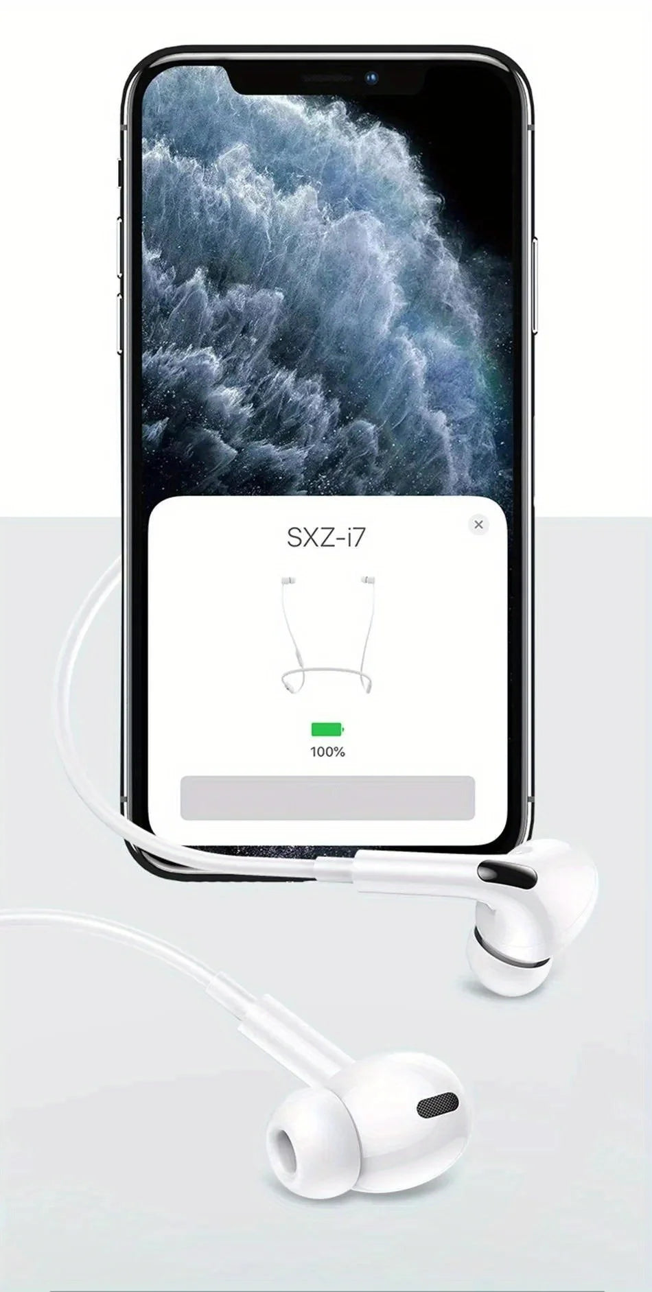 Un smartphone affiche un écran de connexion pour écouteurs SXZ-i7, avec les écouteurs filaires blancs visibles en dessous.