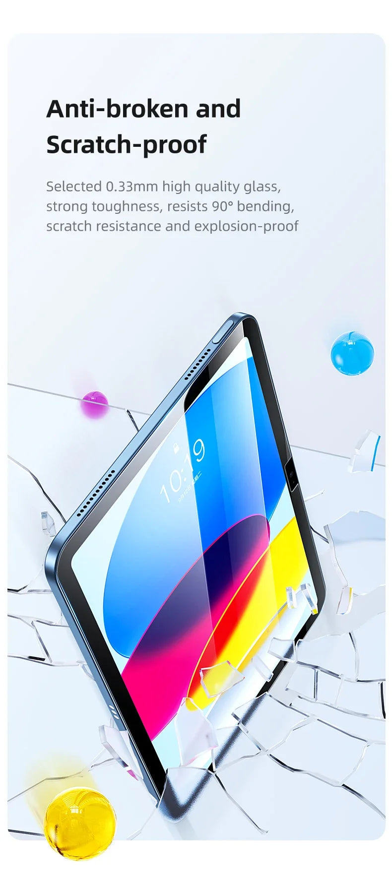 A close-up view of an iPad screen protected by a clear tempered glass screen protector, demonstrating anti-broken and scratch