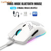 A white three-mode Bluetooth mouse with blue LED lighting is shown from above.
