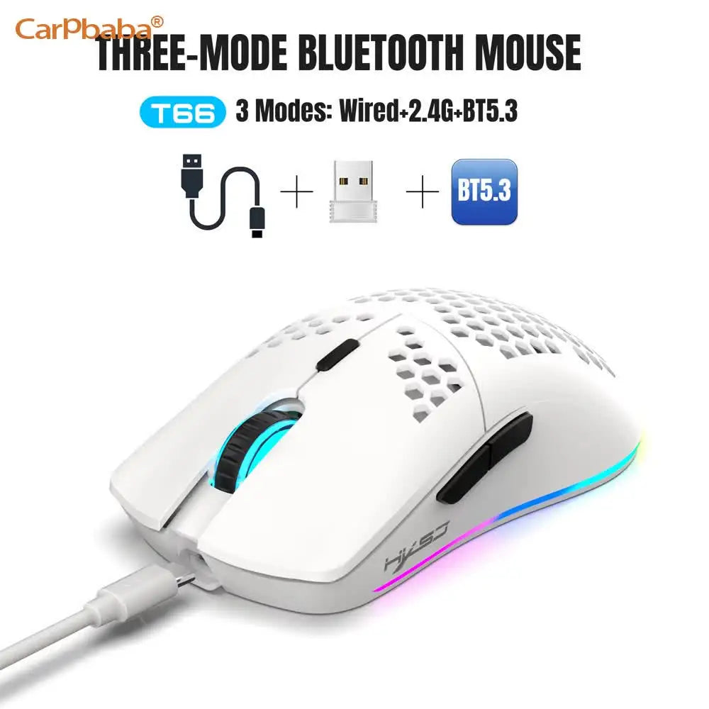 A white three-mode Bluetooth mouse with blue LED lighting is shown from above.