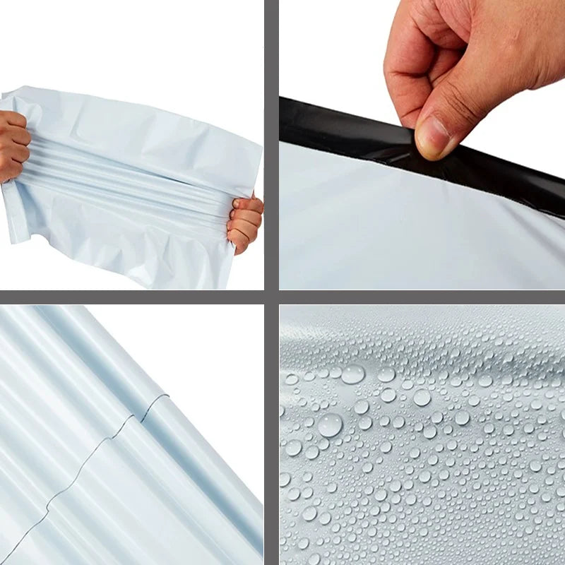 Close-up view of a durable self-adhesive courier mailer bag in light blue, showing its texture and sealing mechanism.