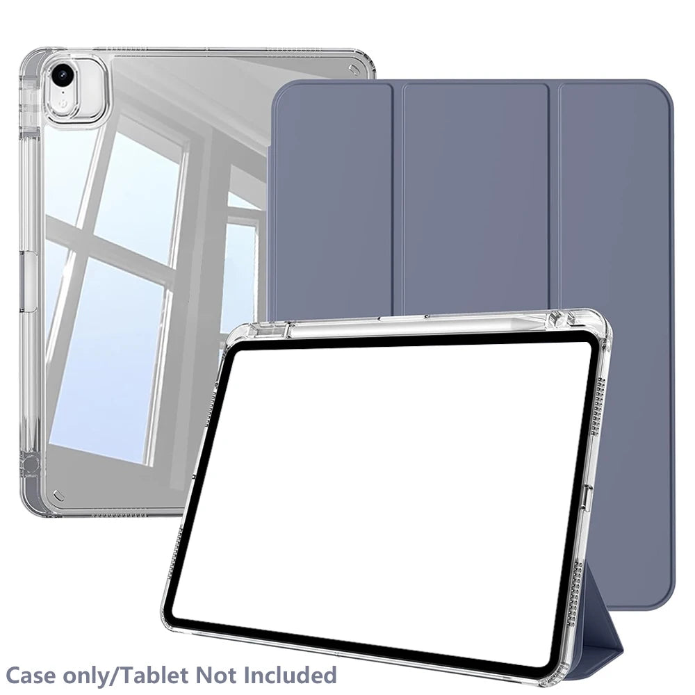 A clear protective case for an iPad Air shown with a matching gray folio cover and a separate tablet.