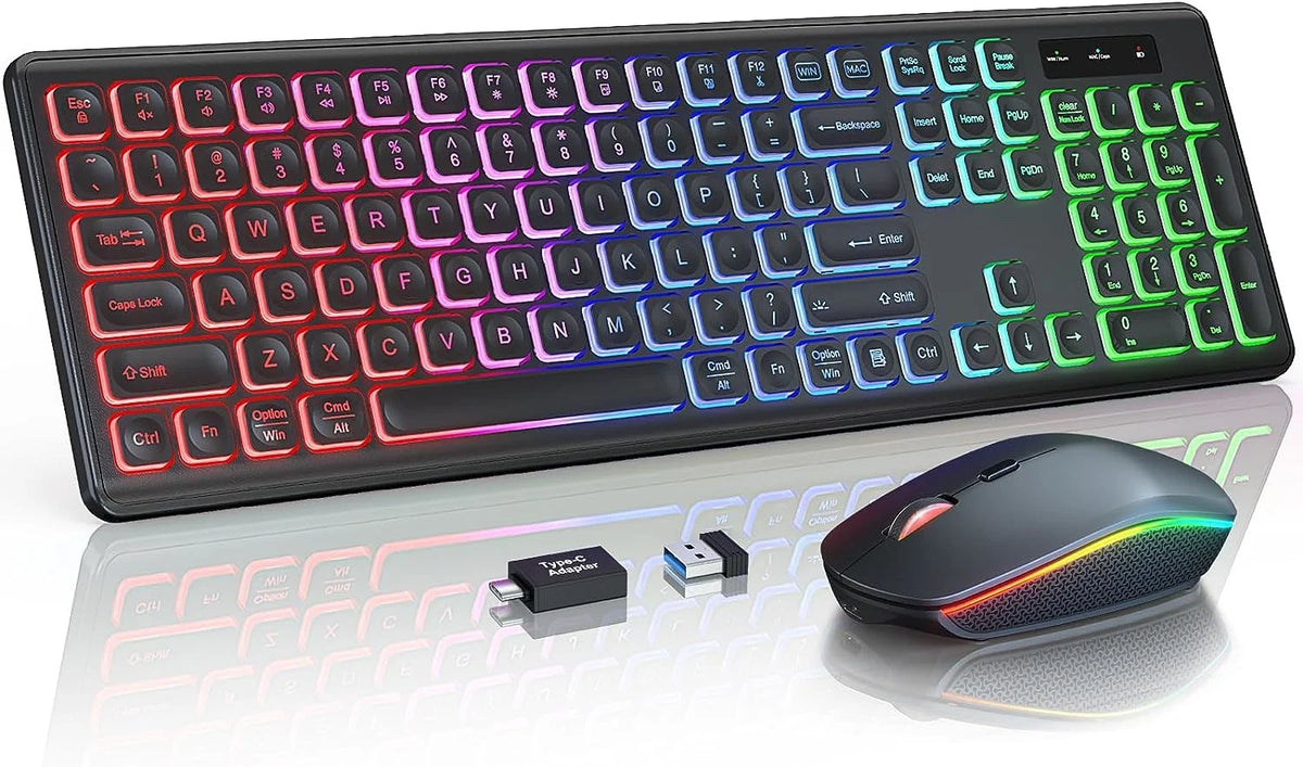 Schwarzes kabelloses RGB-Tastatur- und Maus-Set mit beleuchteten Tasten und ergonomischem Design.
