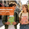 Three young adults smiling while holding a 2027 Monthly & Weekly Planner for organization and academic success.
