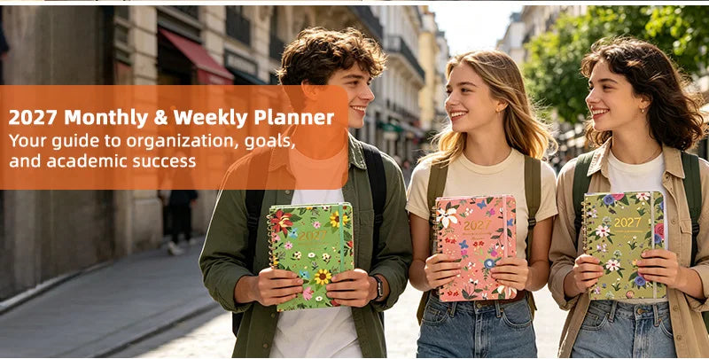 Three young adults smiling while holding a 2027 Monthly & Weekly Planner for organization and academic success.