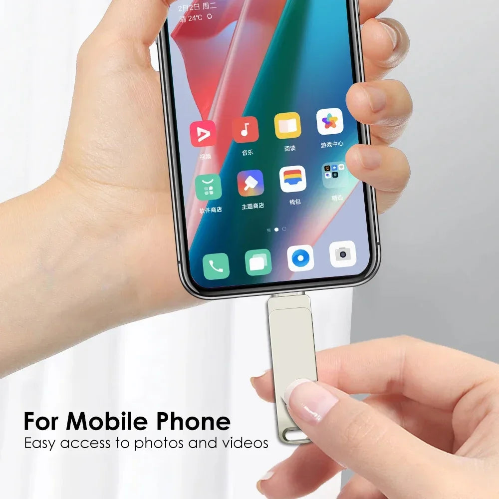 A hand holds a smartphone with a clip attached, demonstrating easy access to photos and videos.