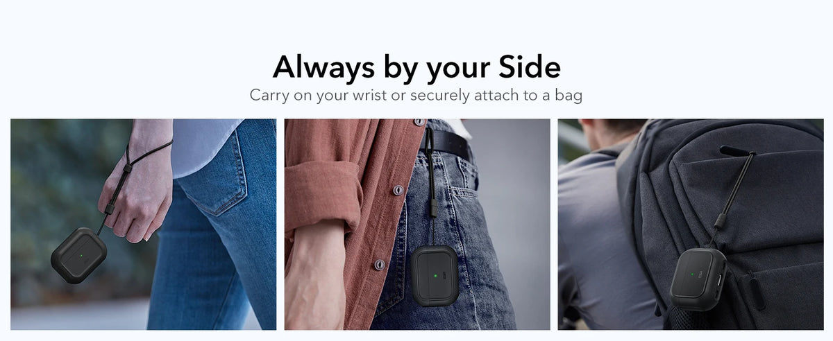 A secure magnetic case for AirPods Pro is shown being carried on a wrist or attached to a bag.