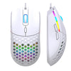 A white optical wired gaming mouse is shown from the top and side, highlighting its design and features.