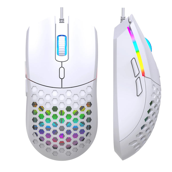 A white optical wired gaming mouse is shown from the top and side, highlighting its design and features.