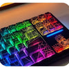 A close-up view of a black mechanical keyboard with translucent keycaps showing various colors like green, yellow, and red.