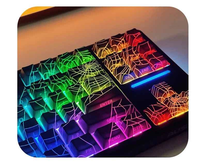 A close-up view of a black mechanical keyboard with translucent keycaps showing various colors like green, yellow, and red.