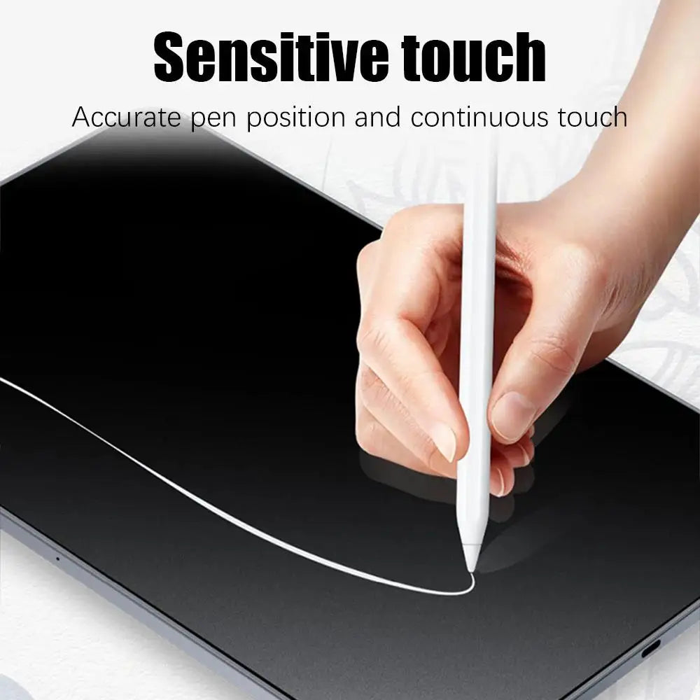 A hand is using a stylus to write on a black tablet screen, demonstrating sensitive touch and accurate pen position.