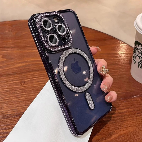 A dark blue glitter diamond magnetic wireless phone case is held in a hand on a wooden surface.