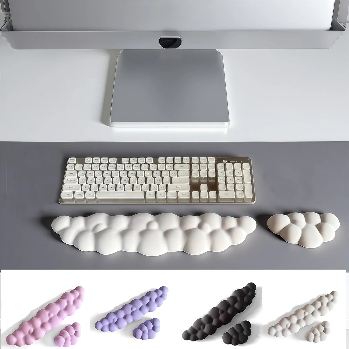 Various ergonomic memory foam wrist rest pads in pink, purple, and beige colors shown from different angles.