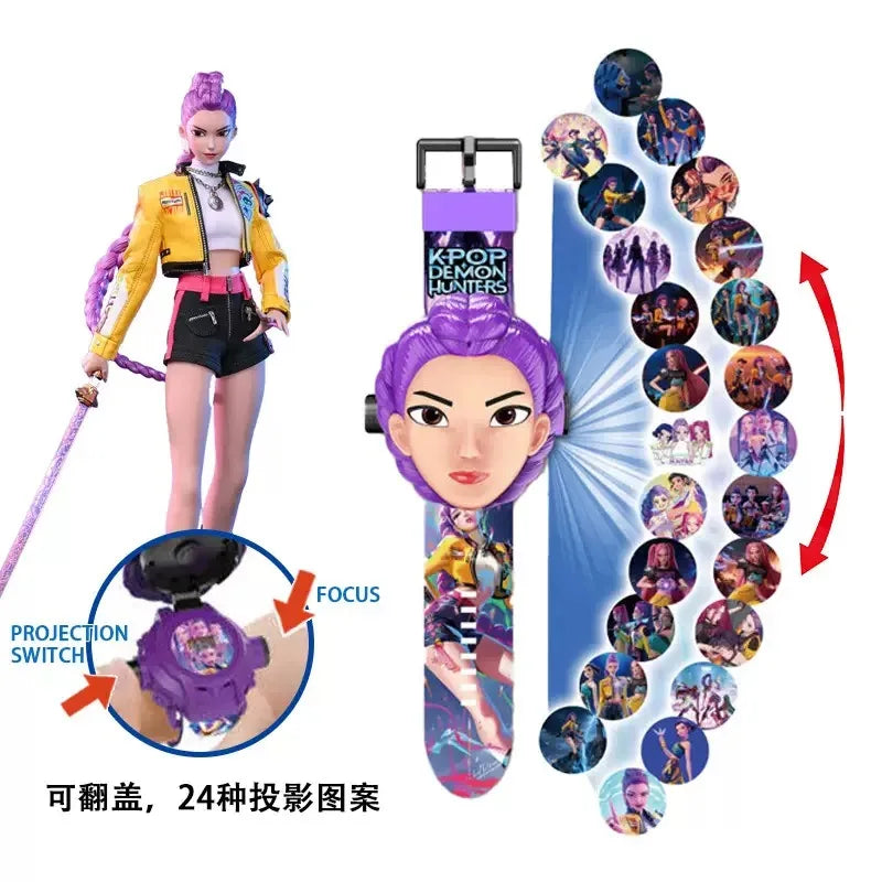 A purple-haired anime figure is shown next to a wrist watch with a projection mechanism and a series of colored discs.