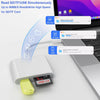 Un adaptador blanco conecta una unidad USB 3.0 de 1TB a una laptop, demostrando velocidades simultáneas de transferencia de d