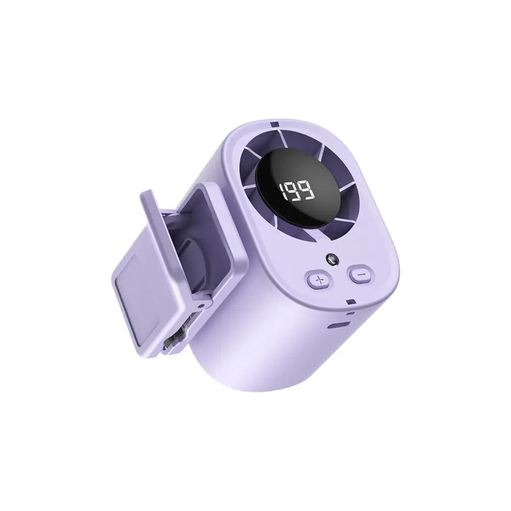 A purple portable car cooling fan with a digital LED display showing 199 degrees.