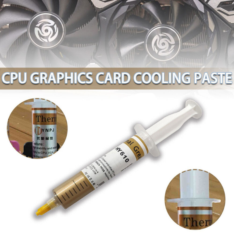 Ein Spritzen mit Thermalpaste HY610, neben einem Röhrchen und einer kleinen Menge auf einer Holzoberfläche.