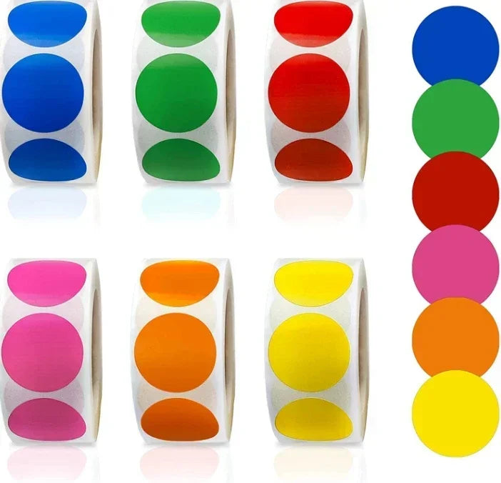 A set of round dot labels in various colors including blue, green, red, pink, orange, and yellow.
