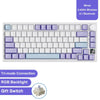 A white mechanical keyboard featuring purple keycaps, RGB backlight, and a gift switch.