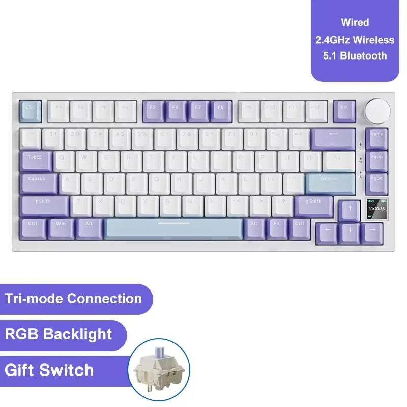 A white mechanical keyboard featuring purple keycaps, RGB backlight, and a gift switch.