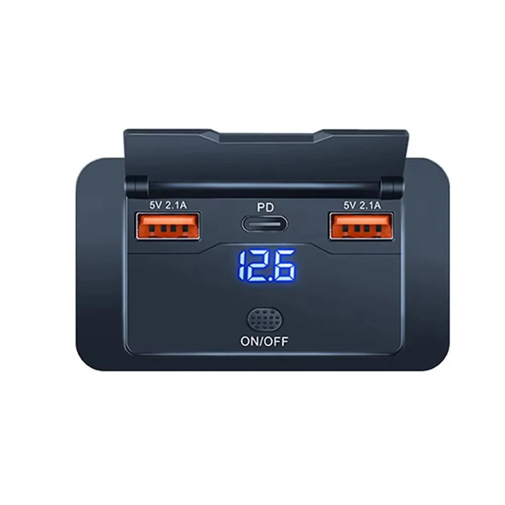 Schwarzer Auto-Ladegerät mit zwei 5V 2,1A USB-Anschlüssen und einem Ein-/Ausschalter.